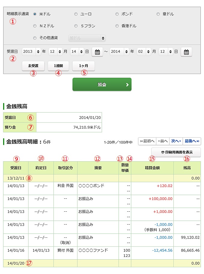 金銭残高（外貨）の画像です。