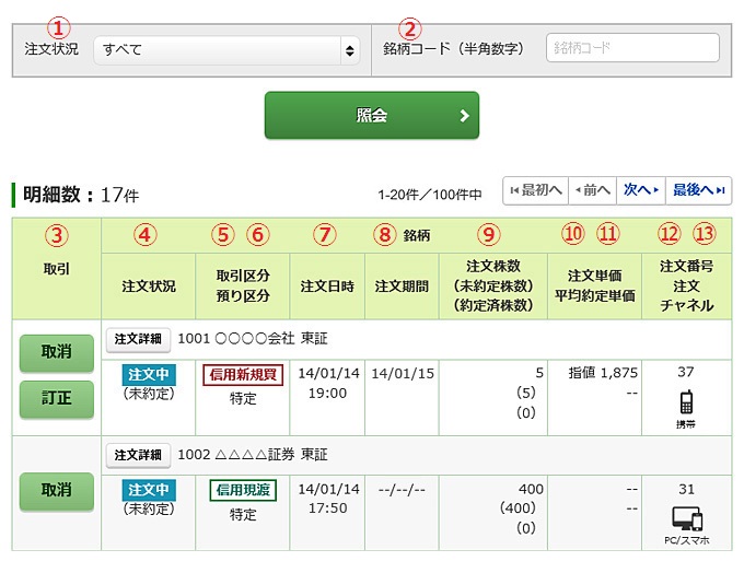 注文照会・訂正・取消画面名の画像です。